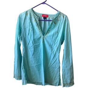 CO-OP Tunic Long Sleeve Womens Sz. Medium Light Blue Cotton Gold‎ Embroidered